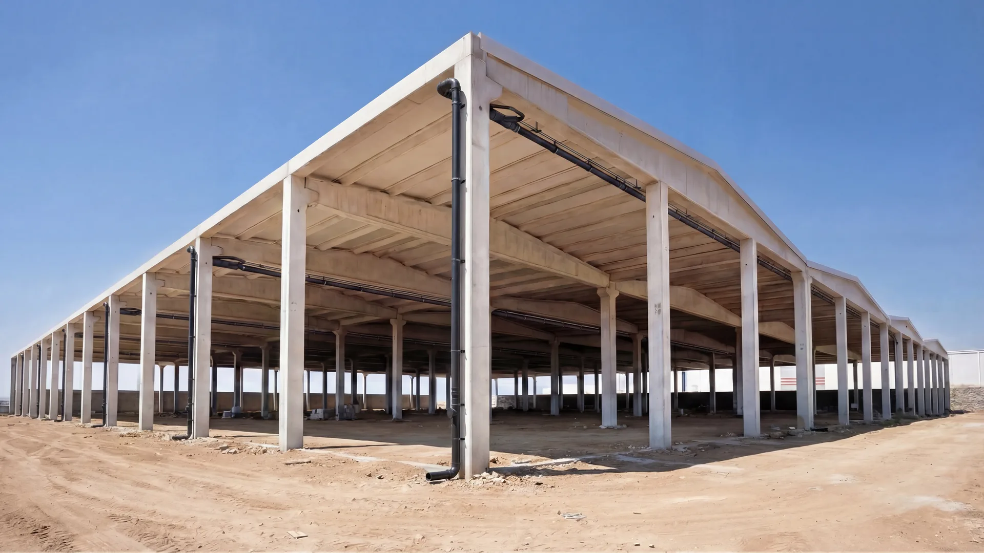 Bilgin uygulaması — beton fabrika iskeletinde kolon yanlarına inen siyah HDPE iniş boruları, kiriş altı yatay kolektörler