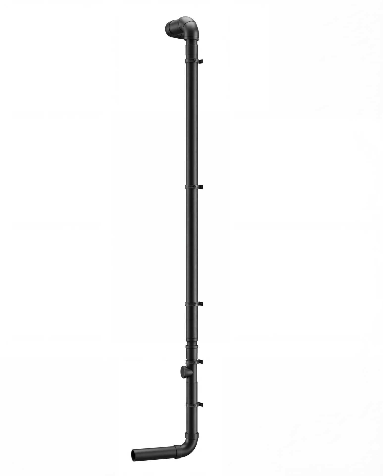 Geberit HDPE komple dikey iniş kolonu — huni, askılı düşüm, 90° dirsek, zemin çıkışı.